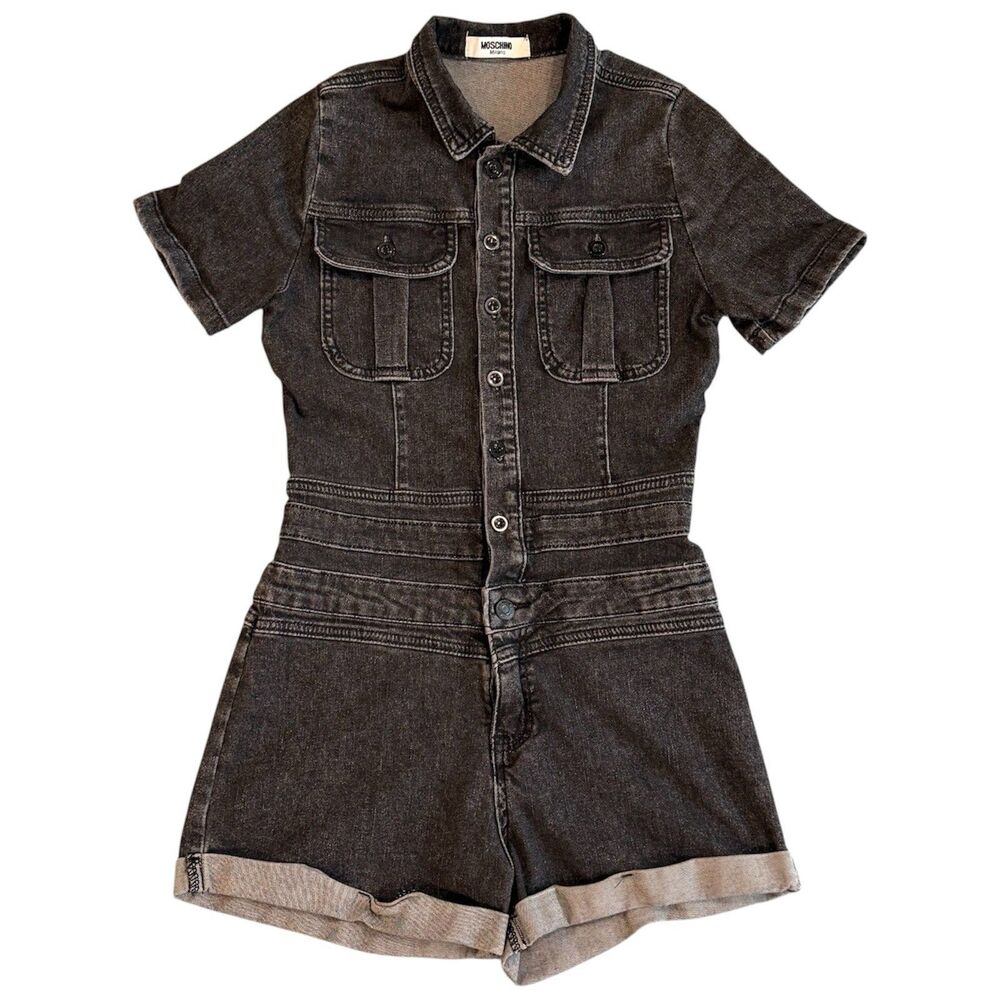 Moschino Couture Black Stretch Denim Short Sleeve Romper Size S Italy Designer